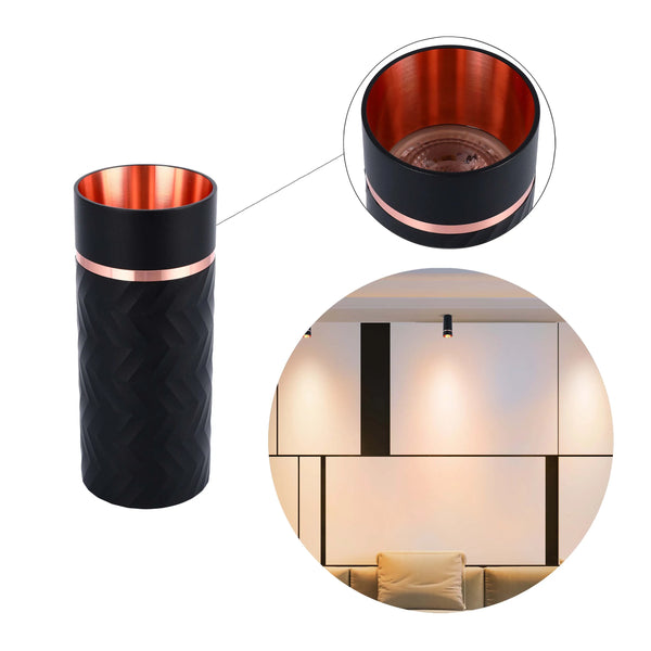 Stylish black and copper cylinder lights. Includes a close-up of the inner copper shade and a display in a modern living room.