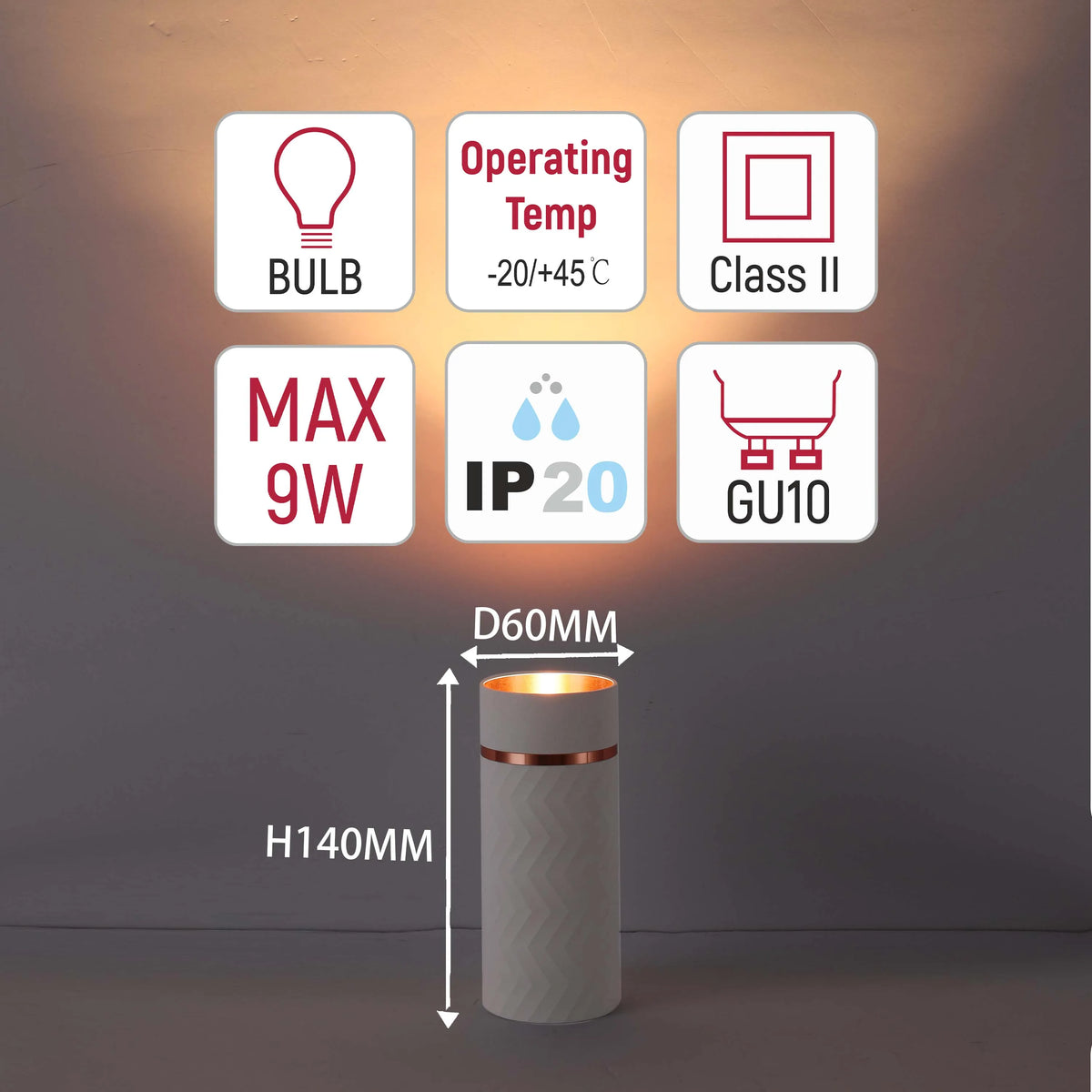 A modern desk lamp on display showcasing its technical specifications like bulb type, dimensions, power and operating temperature.