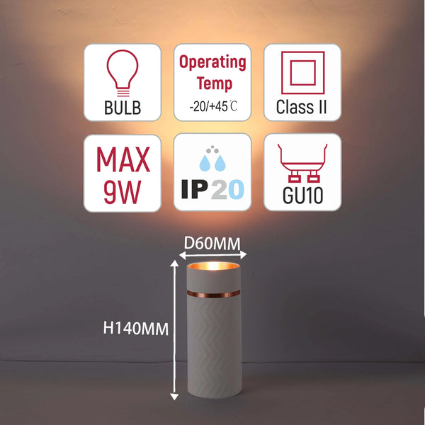 A modern desk lamp on display showcasing its technical specifications like bulb type, dimensions, power and operating temperature.