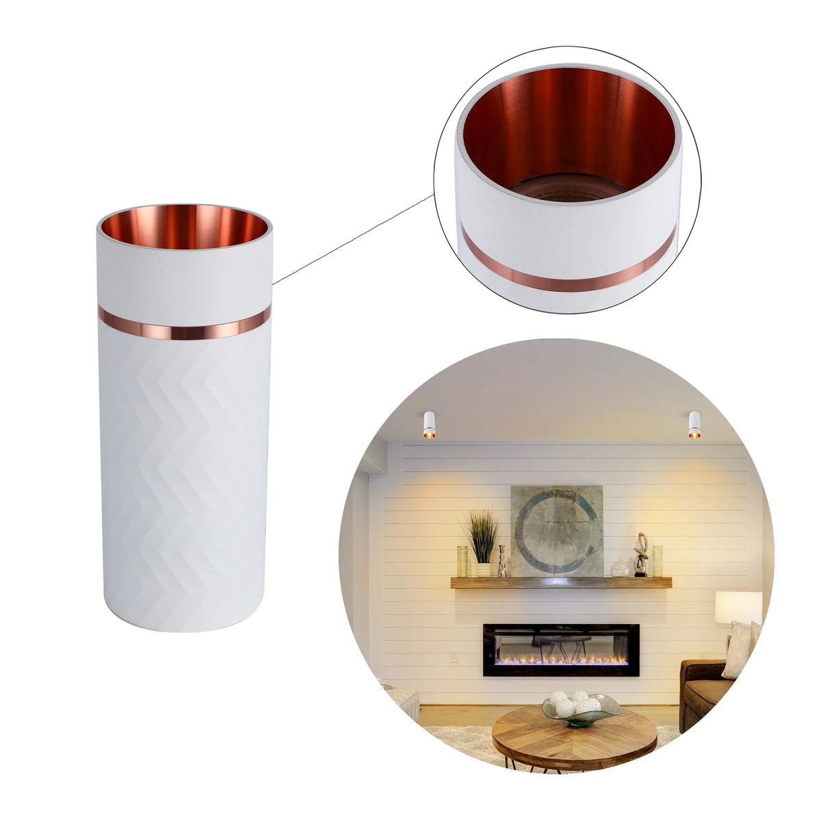 Modern cylinder wall lights with copper trim, blending seamlessly with contemporary interior design in a stylish living space.