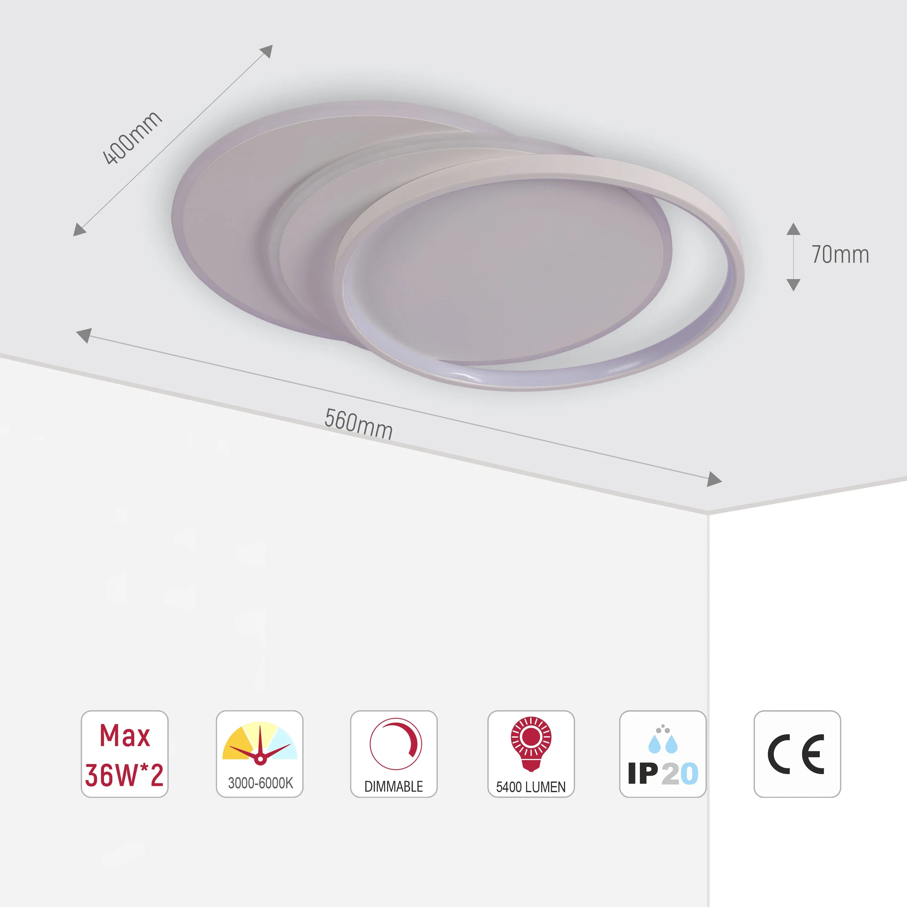 Dimmable CCT Tunable Overlapping Tray LED Ceiling Light with Remote for Bedrooms & Living Rooms, LED Flush Ceiling Light, TEKLED