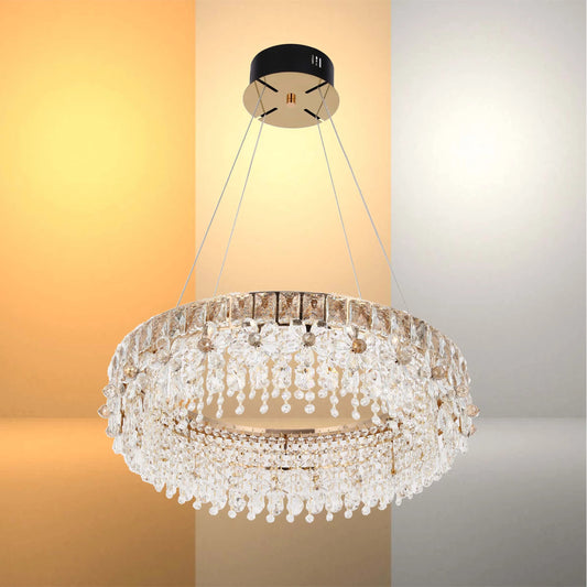 Crystal chandelier pendant light. Circular design with droplet crystals. Modern, stylish lighting fixture.