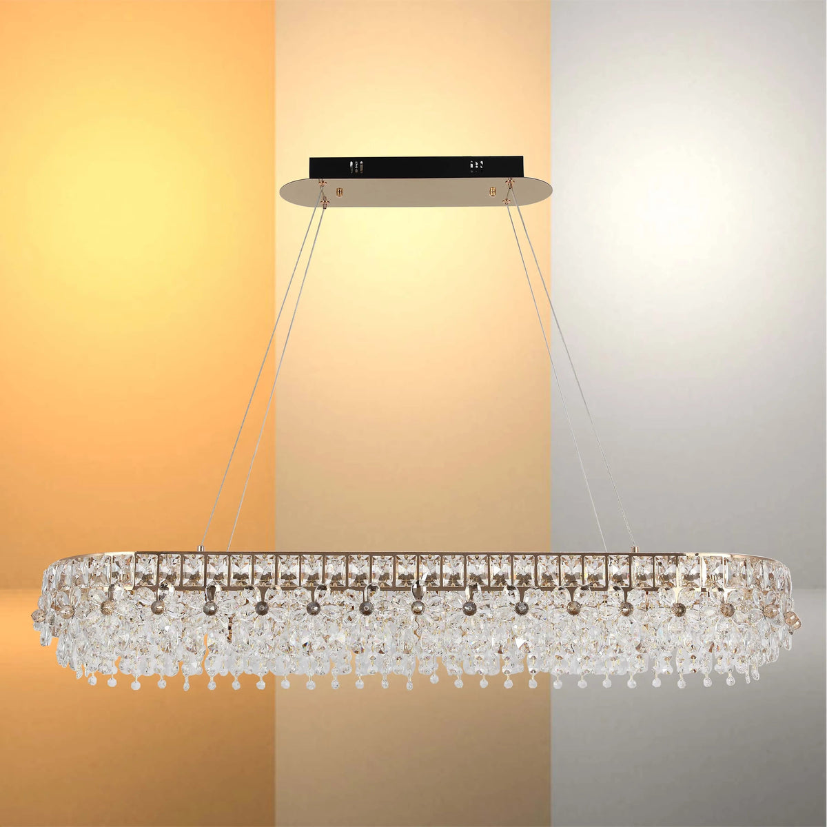 Elegant crystal chandelier with a modern, oblong design, providing a luxurious lighting solution.
