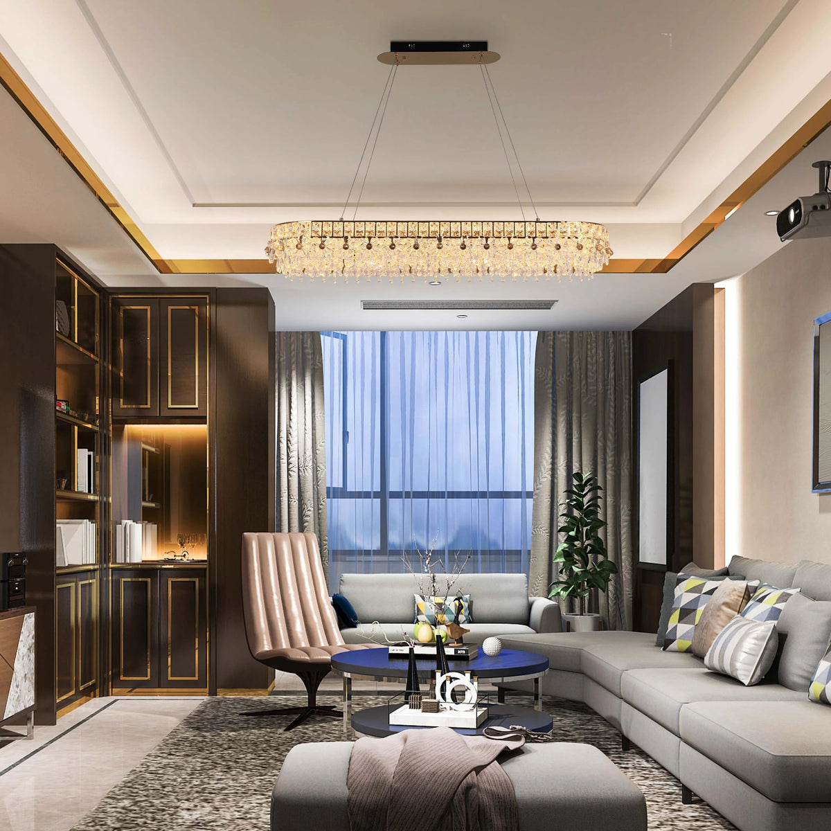 Luxurious living room featuring a crystal chandelier, built-in shelving with accent lighting, and a modern projector.