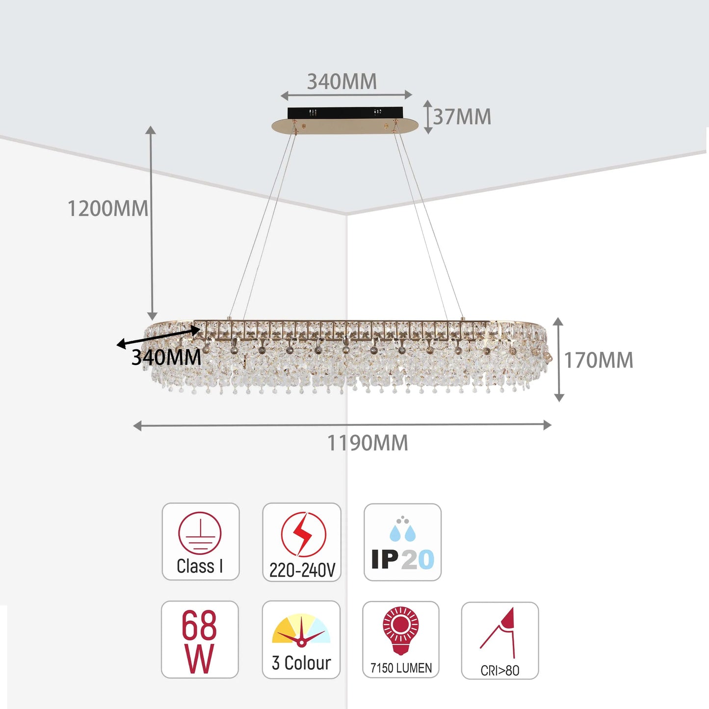 A stylish, crystal-encrusted oval pendant light with dimensions and specs displayed.