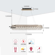 A stylish, crystal-encrusted oval pendant light with dimensions and specs displayed.