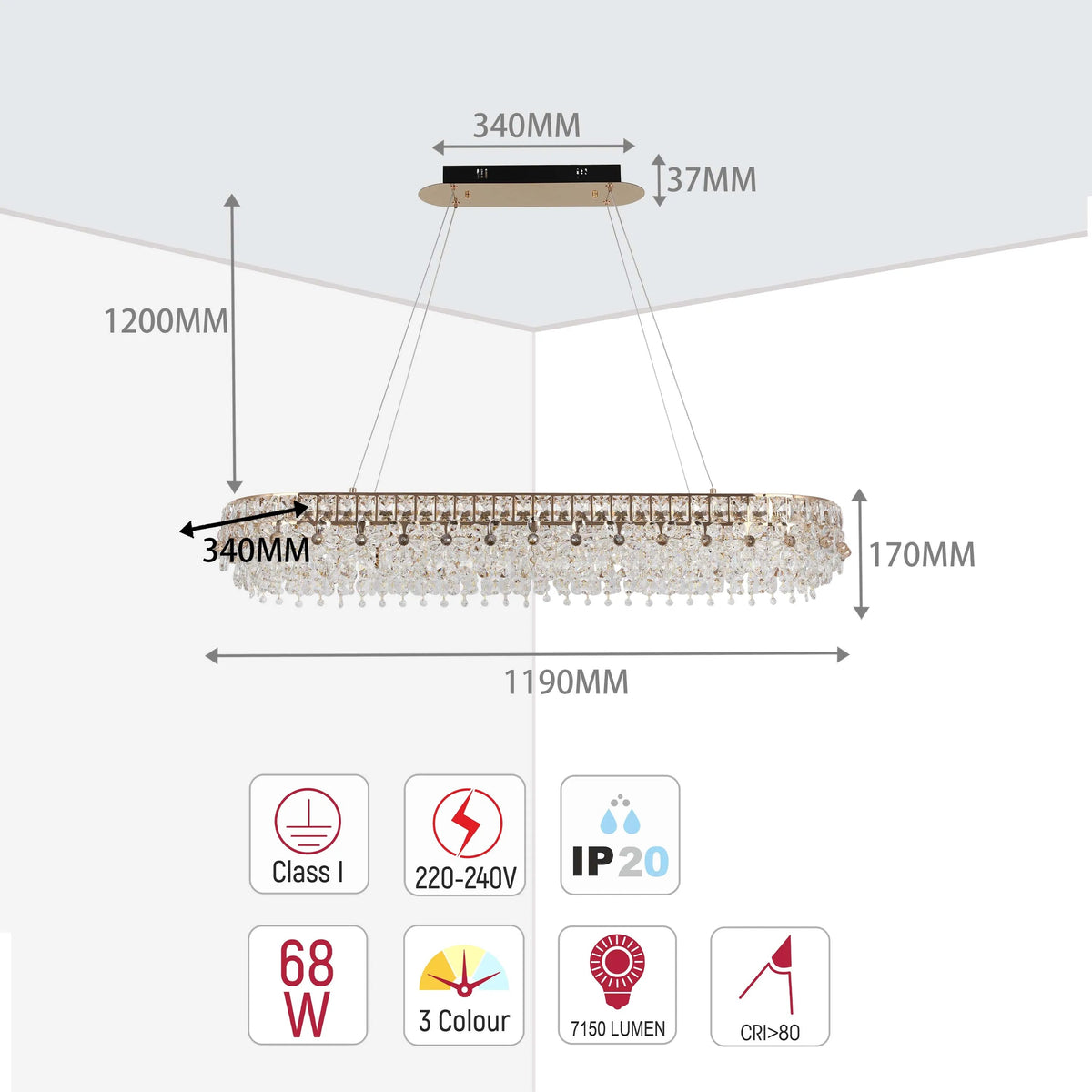 A stylish, crystal-encrusted oval pendant light with dimensions and specs displayed.