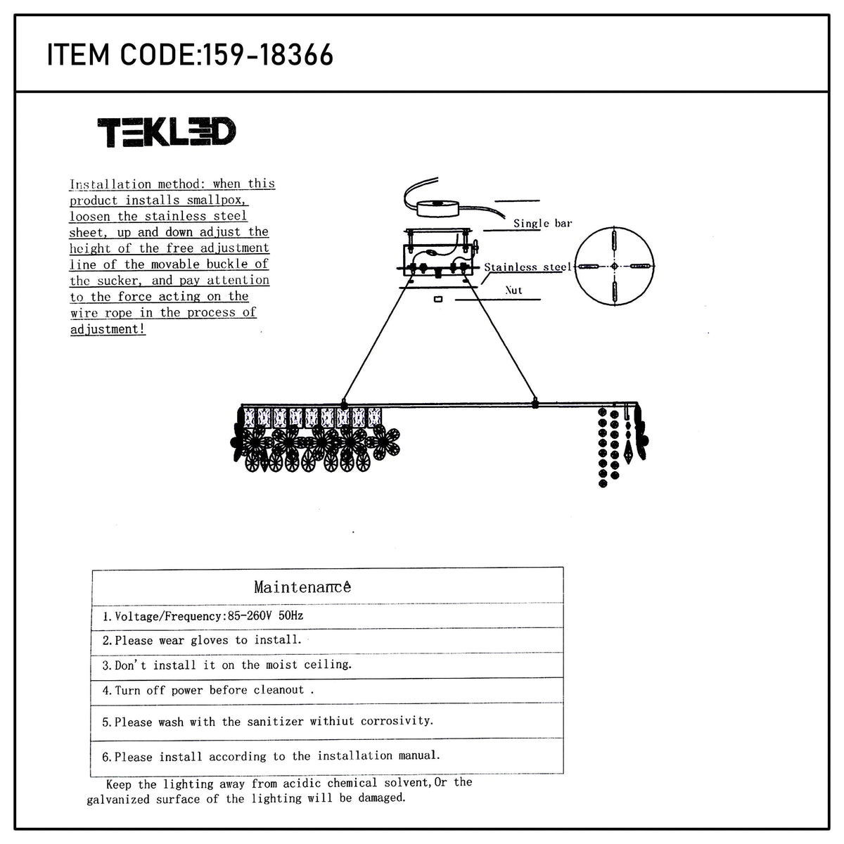 Detailed installation guide for an elaborate chandelier with floral decorations and metal chains.