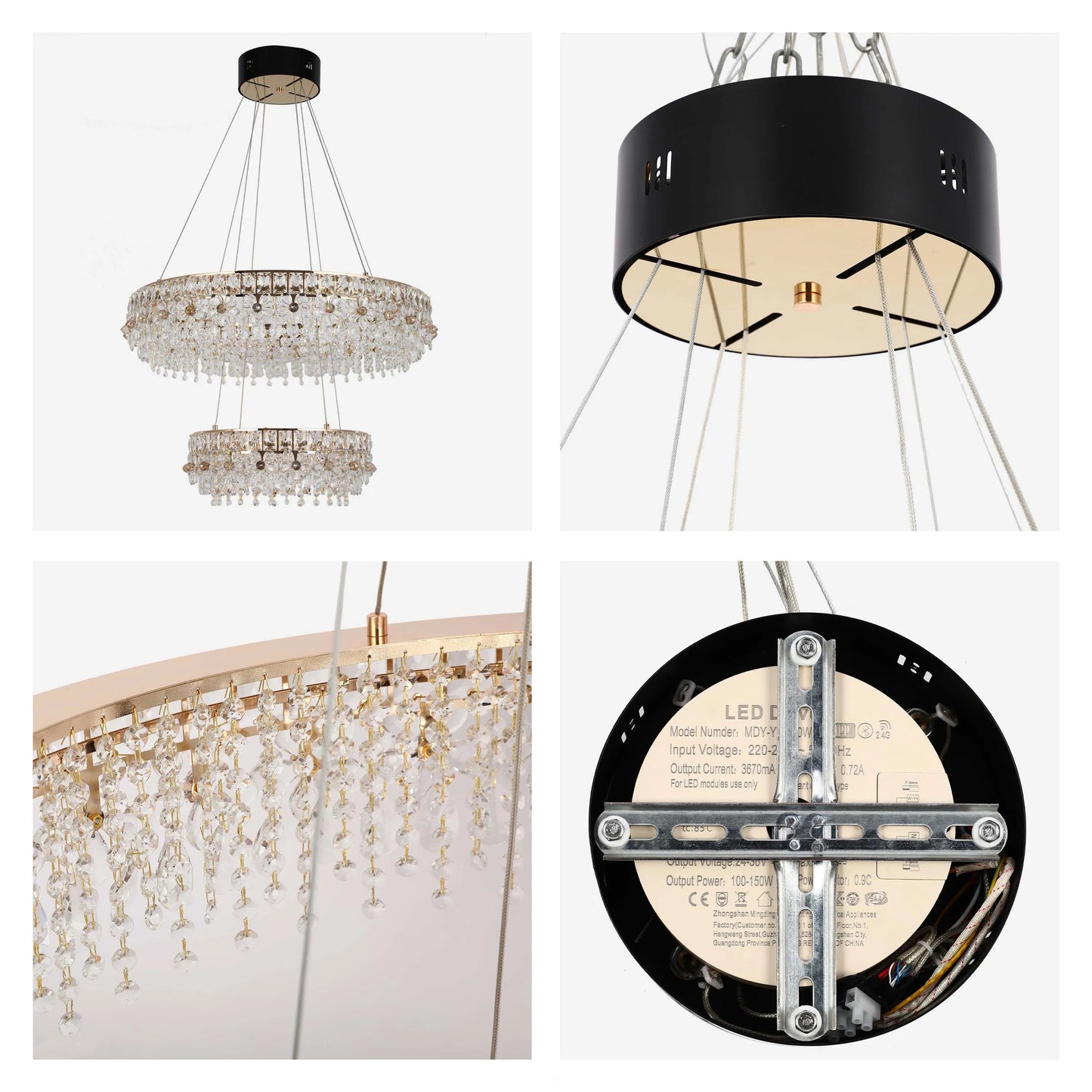 Two-tiered, crystal droplet chandelier, suspended from a black canopy. Modern, luxurious design with a golden frame and radiant sparkle.