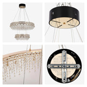 Two-tiered, crystal droplet chandelier, suspended from a black canopy. Modern, luxurious design with a golden frame and radiant sparkle.
