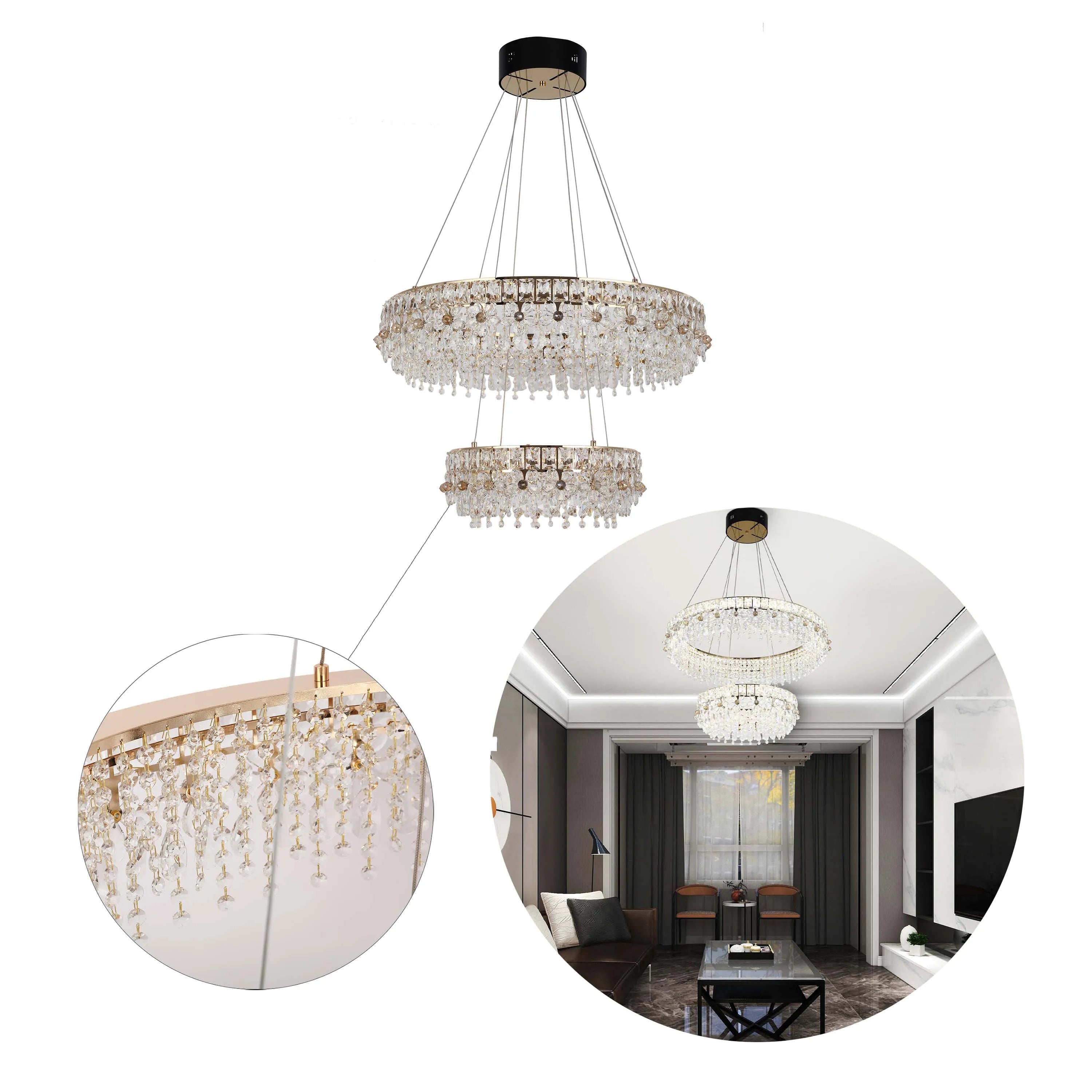 Dimmable Gold Tiered Crystal Chandelier