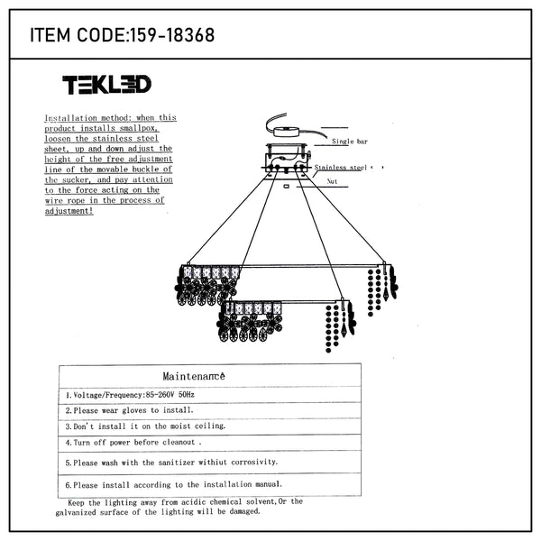 A line drawing of a chandelier with installation and maintenance instructions, displaying wiring, fixings and electrical information.