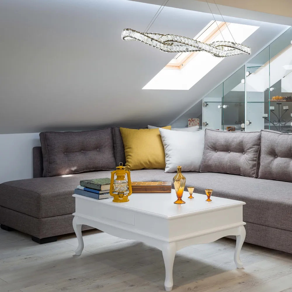 Elegant DNA-inspired crystal chandelier in a chic dining room, featuring a warm copper finish that complements modern decor.159-18159