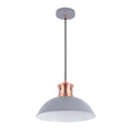 A stylish pendant light with a grey shade and copper accents, suspended from a black cord and a grey ceiling rose.