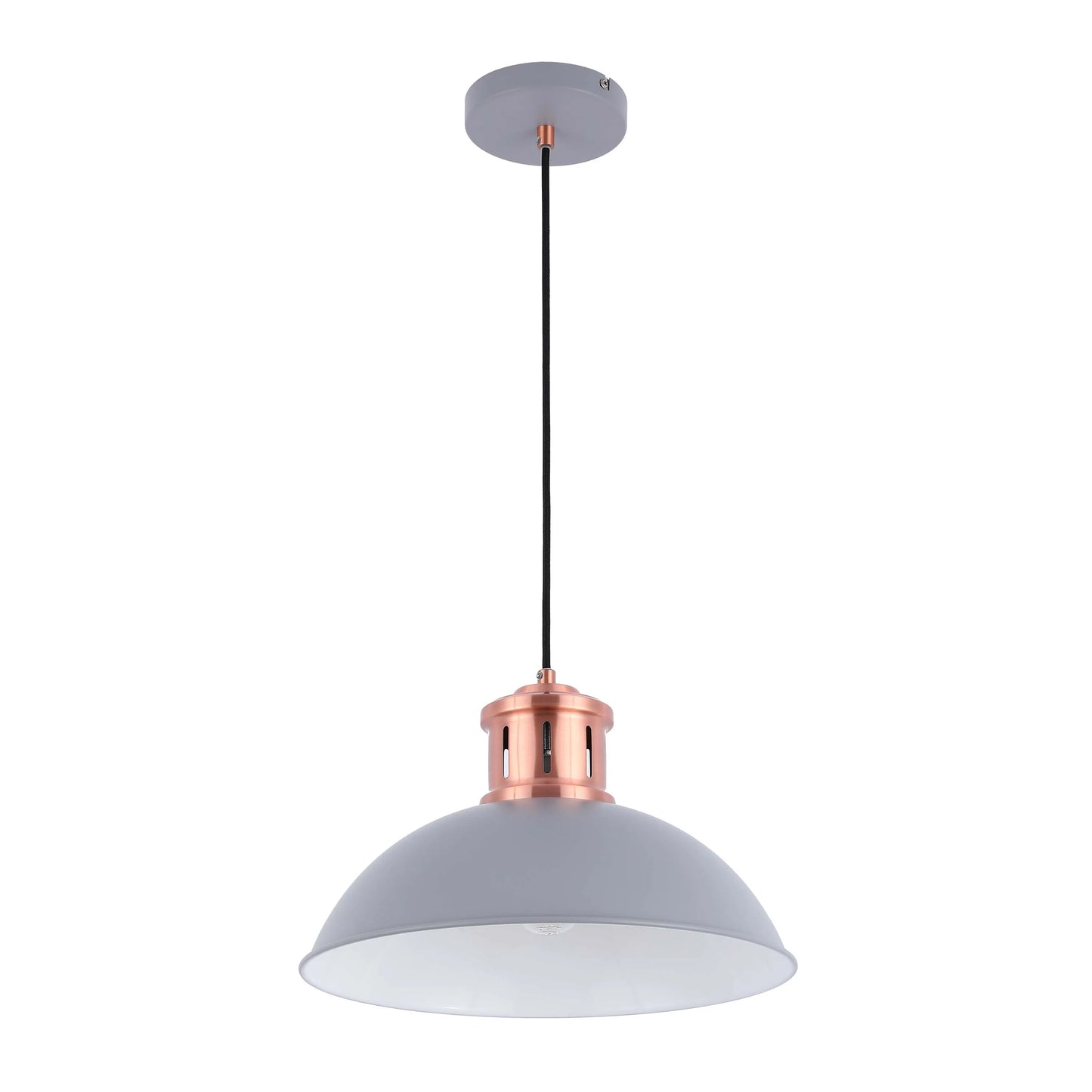 A stylish pendant light with a grey shade and copper accents, suspended from a black cord and a grey ceiling rose.