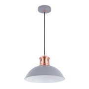 A stylish pendant light with a grey shade and copper accents, suspended from a black cord and a grey ceiling rose.
