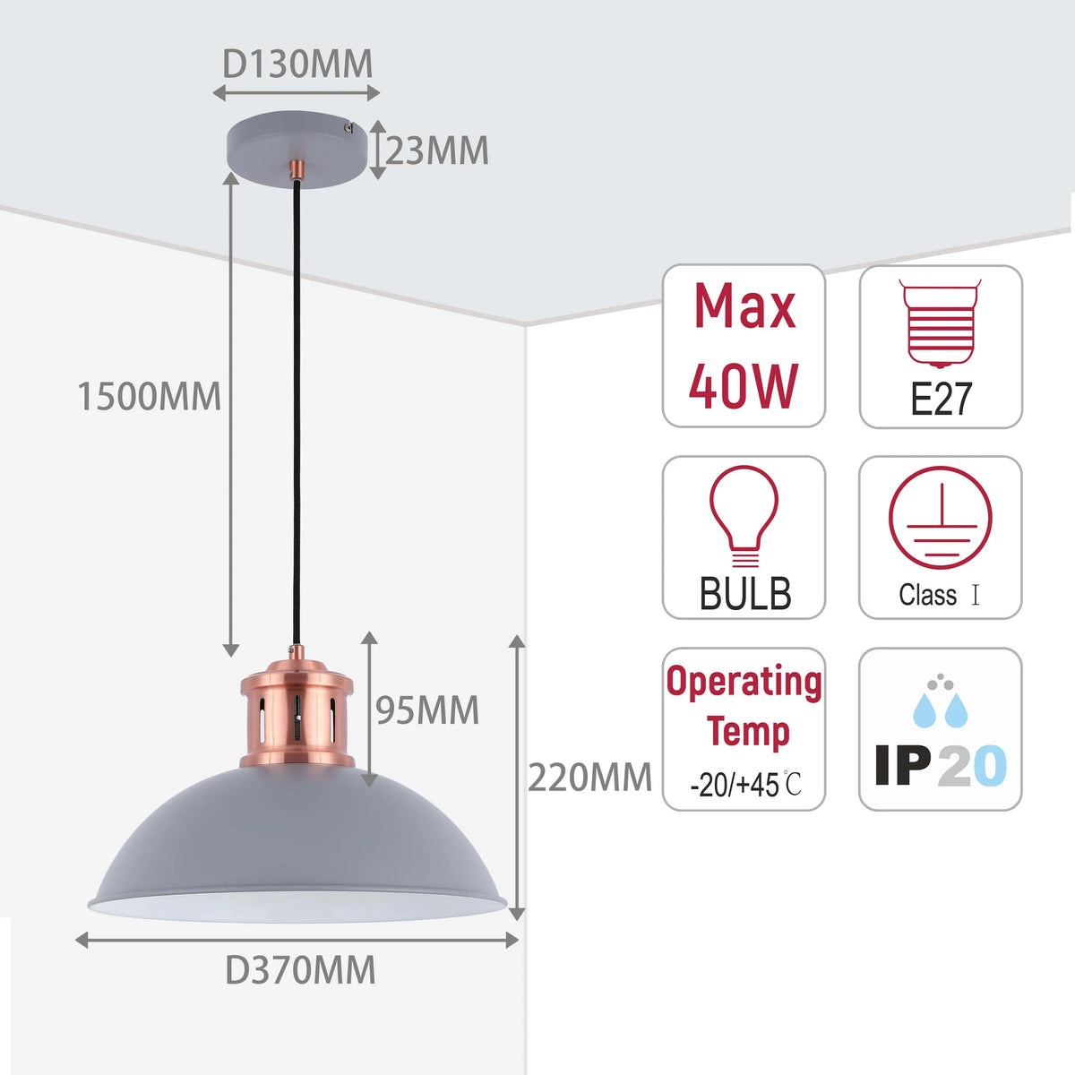 A grey pendant light with copper detailing and dimensions. 1500mm drop, 370mm diameter shade, max 40W, E27 bulb, IP20 rated.