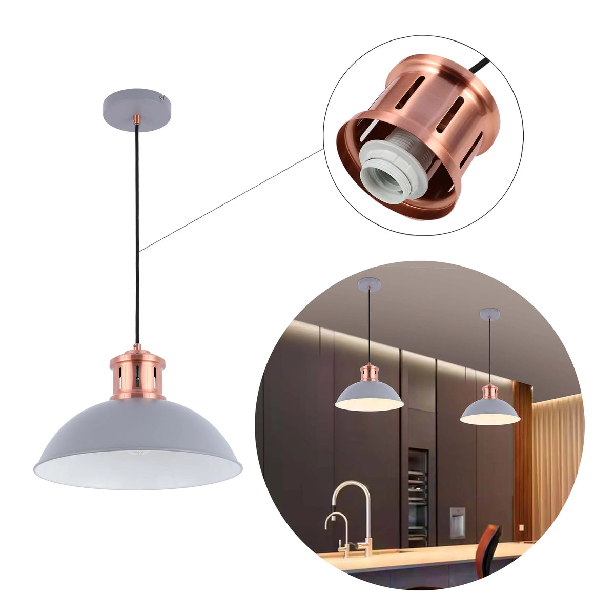 A grey pendant light with a copper fixture, ideal for adding a modern, industrial touch to a kitchen or dining space.