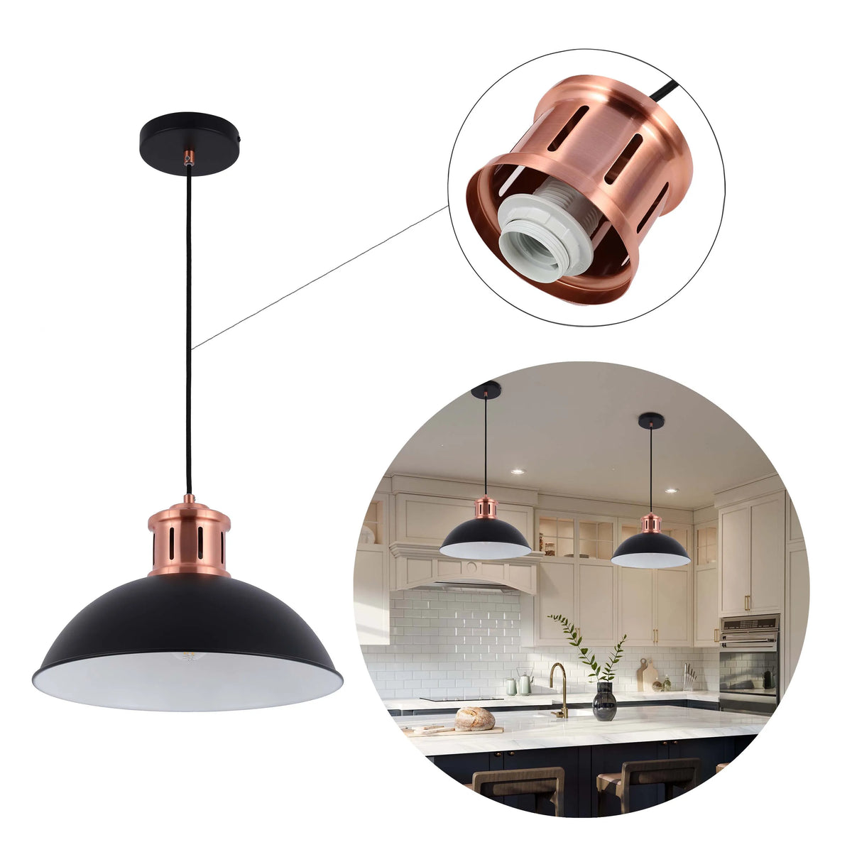 A black and copper pendant light. Industrial-style lighting, perfect for adding character to any room.