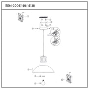 A pendant light diagram showing the parts and electrical connections, with off/on switches.