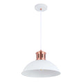 A white pendant light with copper accents hanging from a white ceiling rose, for a contemporary, industrial-chic feel.