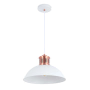 A white pendant light with copper accents hanging from a white ceiling rose, for a contemporary, industrial-chic feel.