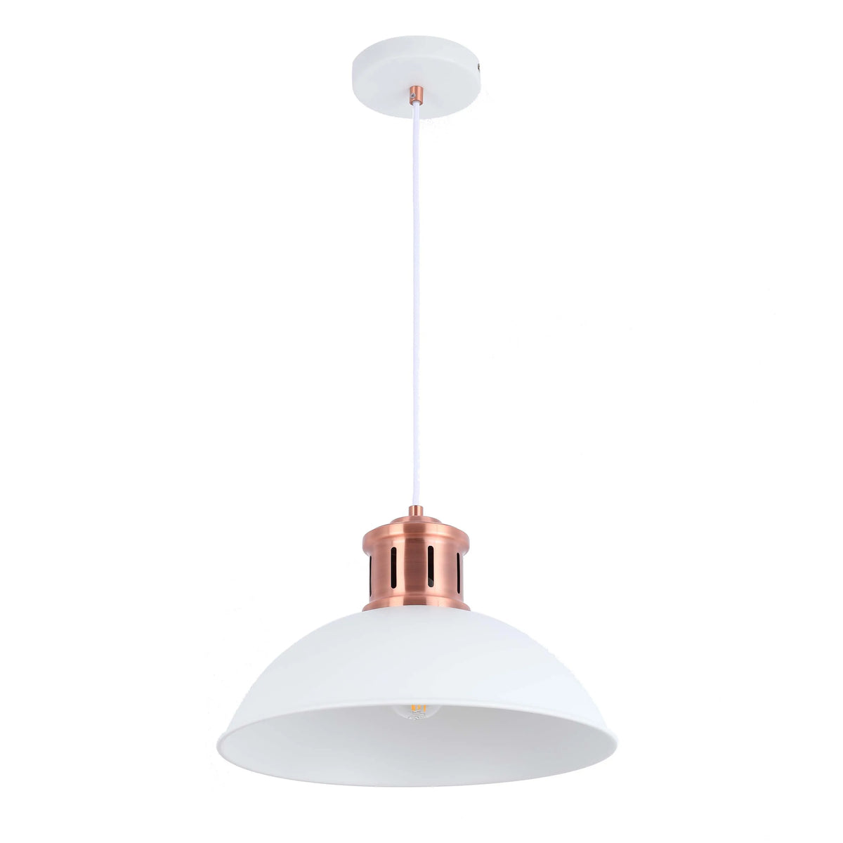 A white pendant light with copper accents hanging from a white ceiling rose, for a contemporary, industrial-chic feel.