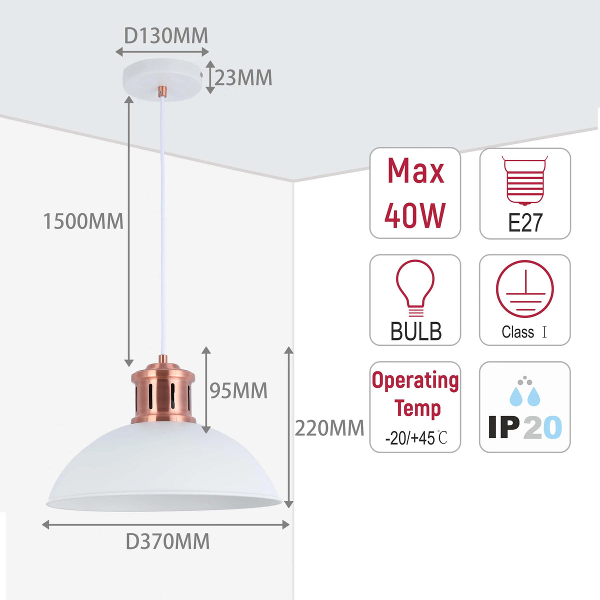 A white and copper pendant light is displayed with dimension labels. Shows measurements, operating temp, IP20, and max 40W E27 bulb.