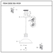 Exploded diagram of a pendant light. Shows components and how they connect. Item code: 150-19139.