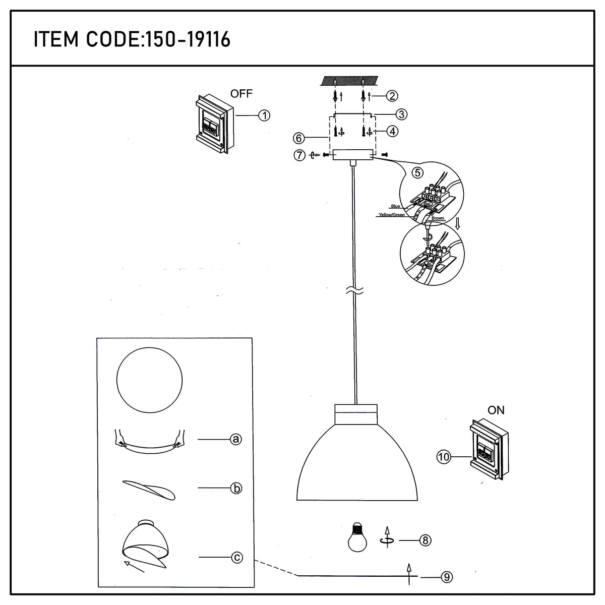 Diagram of pendant light installation, showing wiring, ceiling mount, shade fitting and the on/off switch positions.