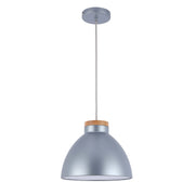 A modern pendant light with a silver dome and wood trim. Perfect for adding a stylish touch to any room.