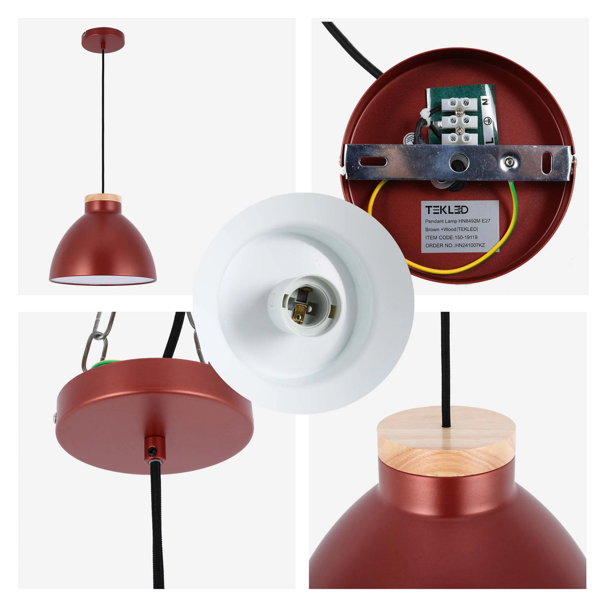 A brown and wood pendant light. The pendant has a metallic brown dome, a wooden detail and a white interior.