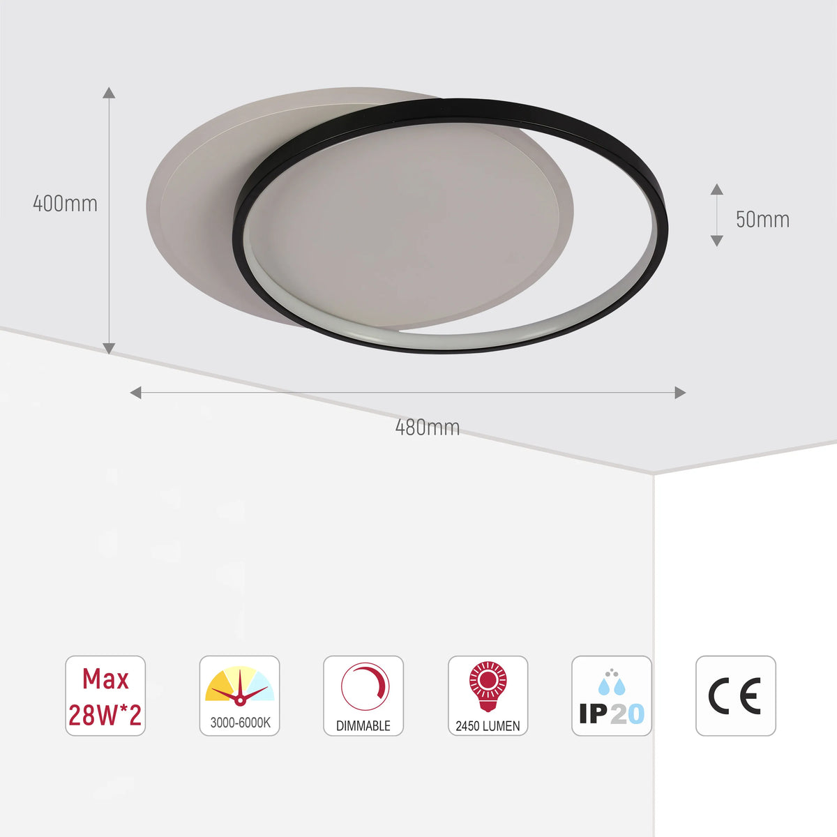Dual-Ring LED Ceiling Light, CCT Tunable Dimmable with Remote, Flush Mount, LED Flush Ceiling Light, TEKLED