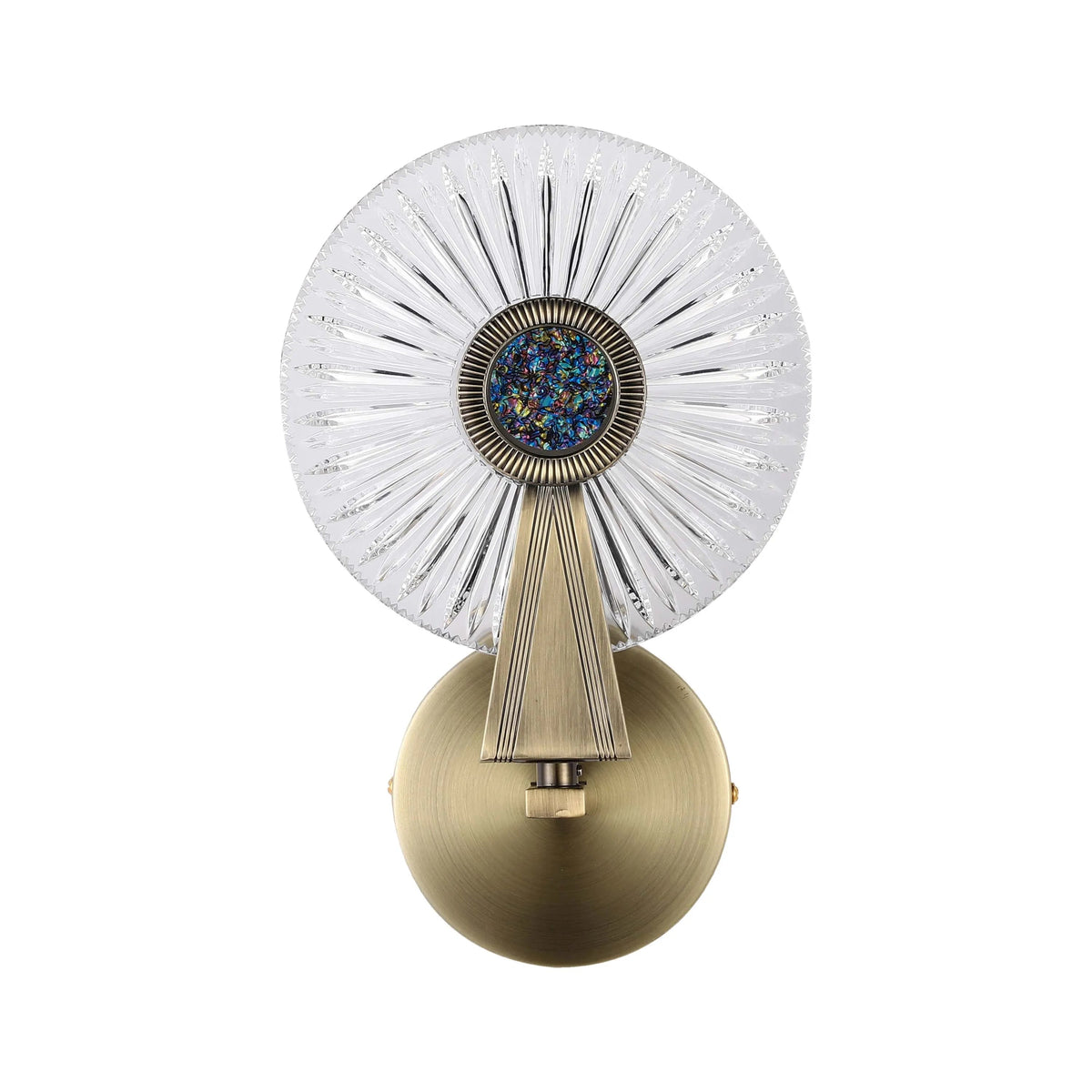 Decorative wall sconce with circular etched-glass shade and antique brass finish. Stylish lighting for the home.