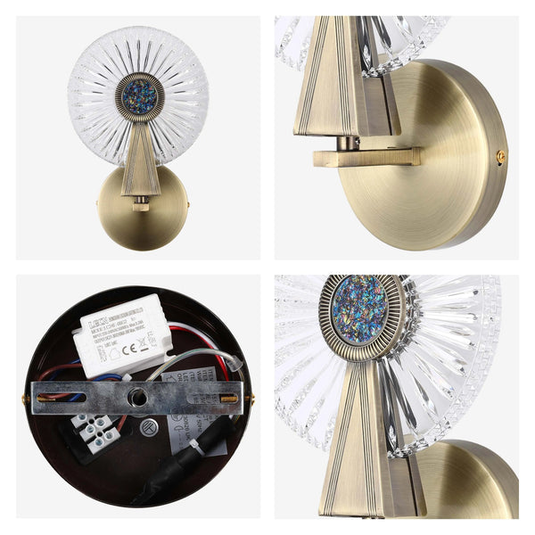 A vintage gold wall sconce with a circular glass shade and colourful centrepiece, adding a touch of classic elegance to any space.