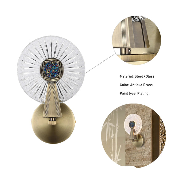 A stylish wall light with an antique brass finish and a decorative glass shade. A statement piece for any modern home.