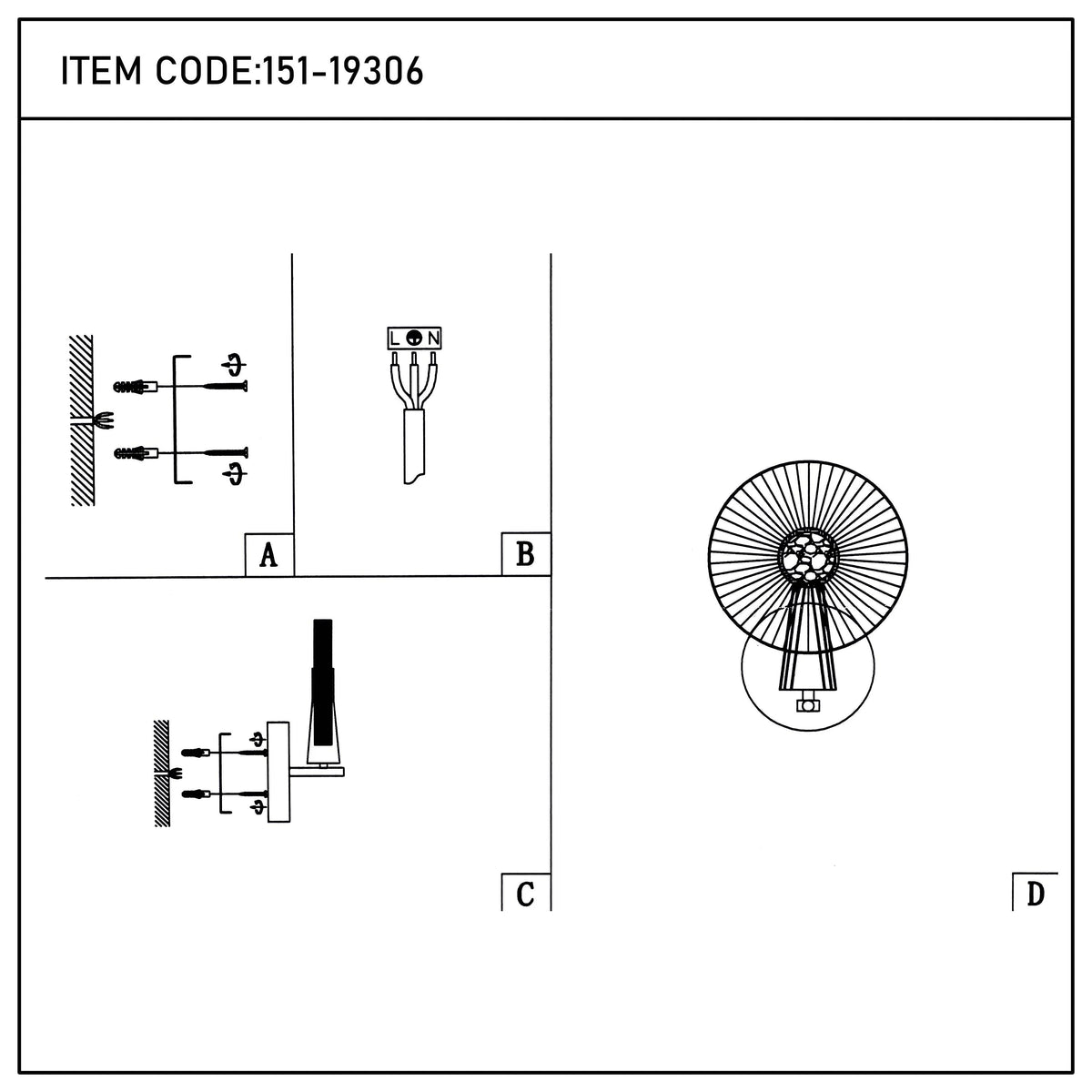Technical diagram of the ceiling light fixture, showing wiring, and wall mounting hardware.
