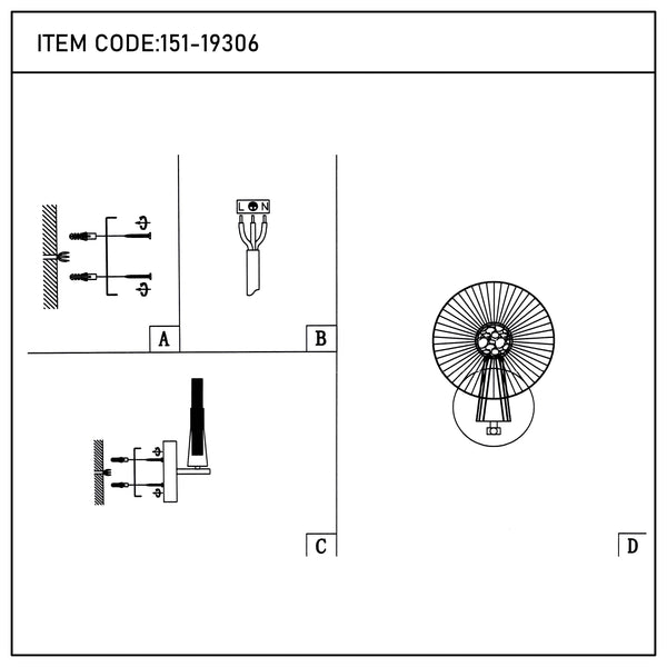 Technical diagram of the ceiling light fixture, showing wiring, and wall mounting hardware.