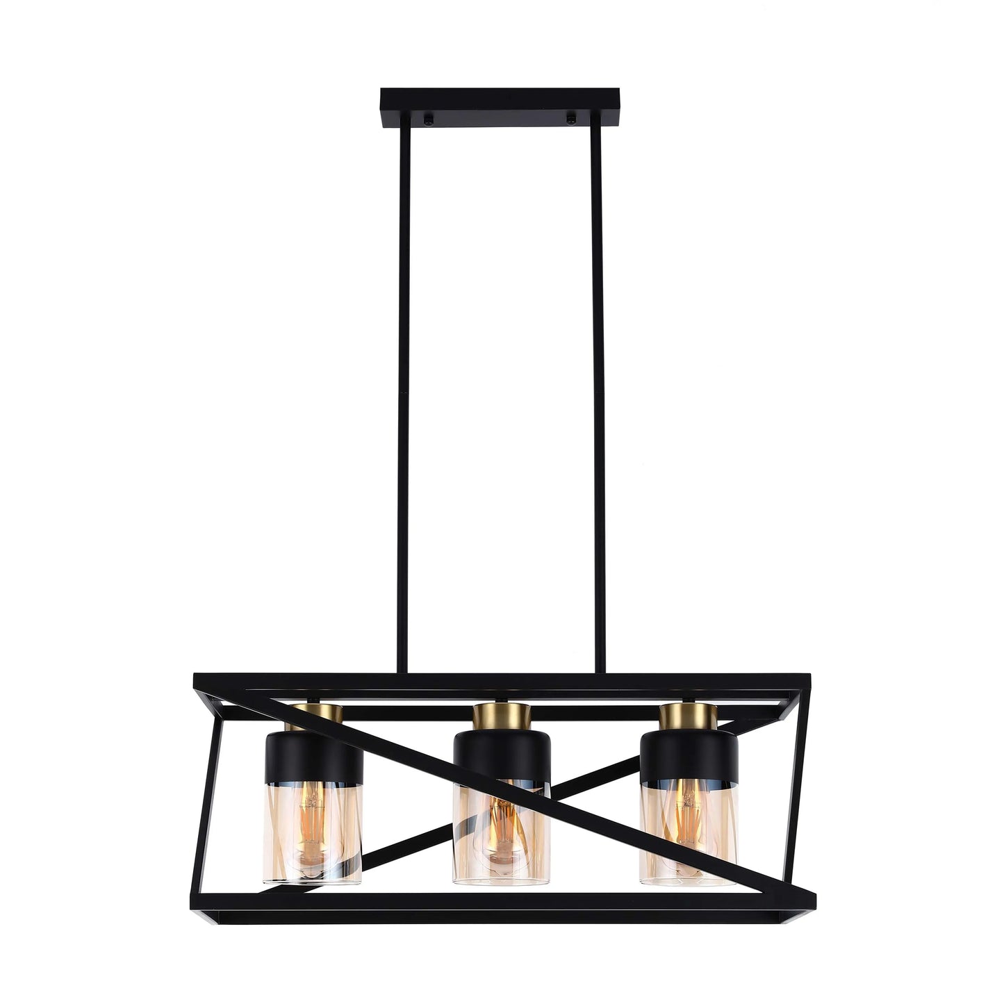 A modern, three-bulb pendant light fixture with black metal frame and gold lamp holders.