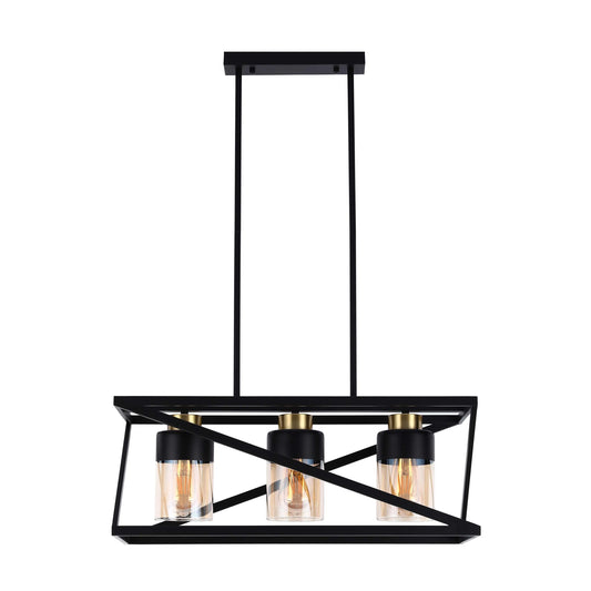 A modern, three-bulb pendant light fixture with black metal frame and gold lamp holders.