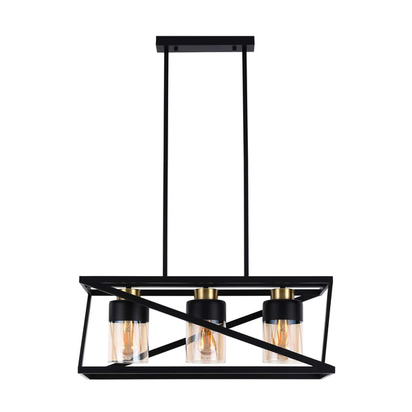 A modern, three-bulb pendant light fixture with black metal frame and gold lamp holders.