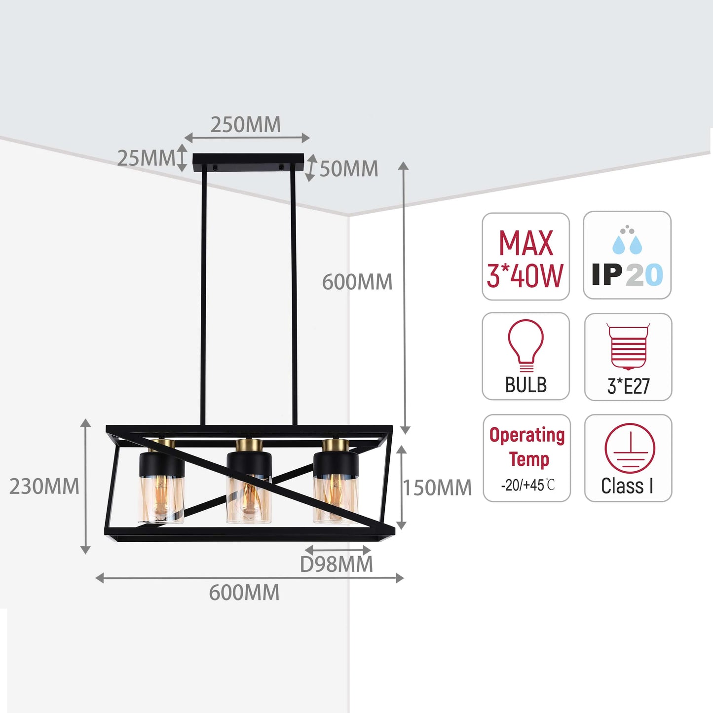 Industrial style pendant light fitting with three bulbs. Features dimensions and specifications.