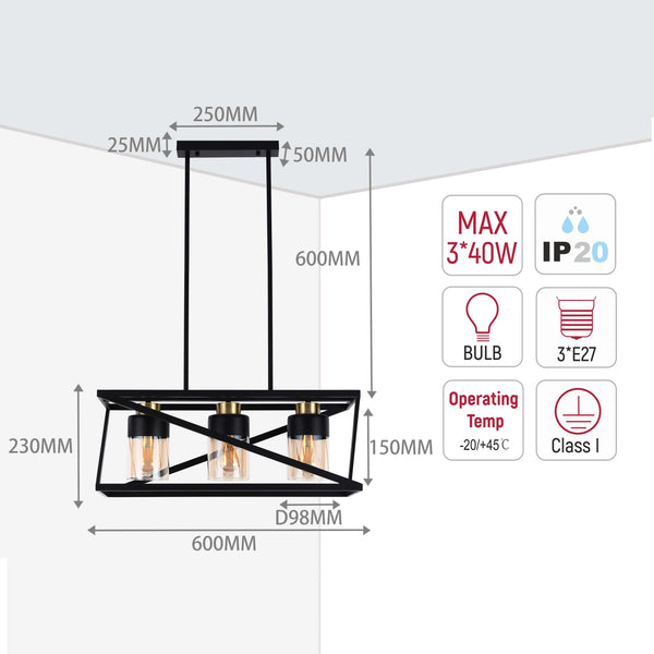 Industrial style pendant light fitting with three bulbs. Features dimensions and specifications.