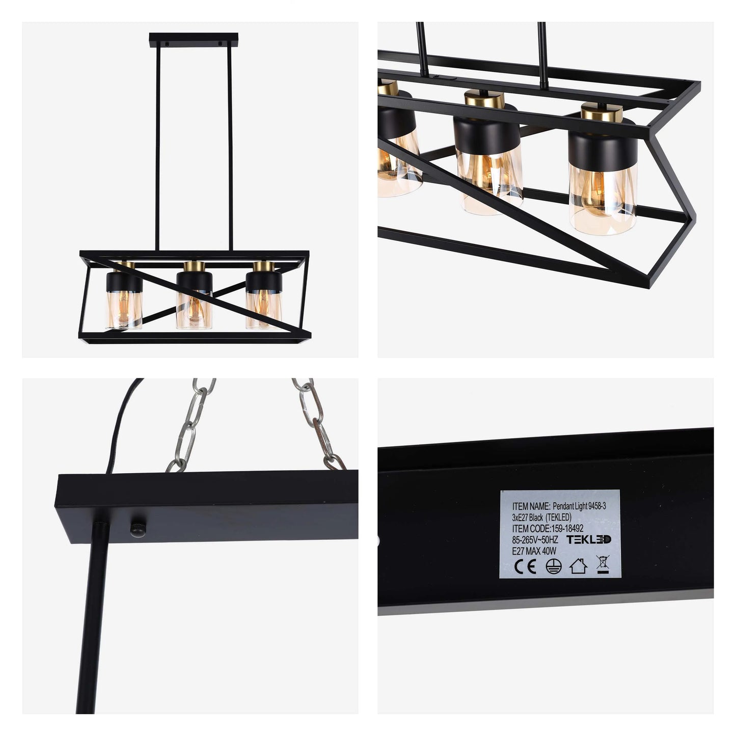 Black pendant light fixture with three Edison-style bulbs and a geometric frame. Modern and stylish.