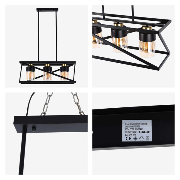 Black pendant light fixture with three Edison-style bulbs and a geometric frame. Modern and stylish.