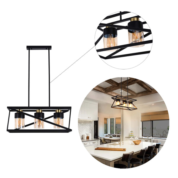Industrial-style pendant light featuring black metal frame and amber glass shades. It adds a warm, vintage touch to any kitchen.