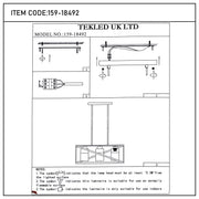 Technical diagram for TEKLED UK LTD lighting, model 159-18492. Includes install instructions and safety advice for indoor use.