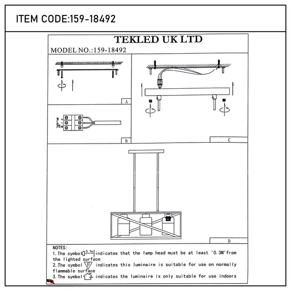 Technical diagram for TEKLED UK LTD lighting, model 159-18492. Includes install instructions and safety advice for indoor use.