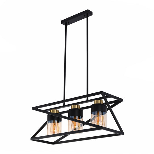 A modern, three-bulb pendant light fixture with black metal frame and gold lamp holders.