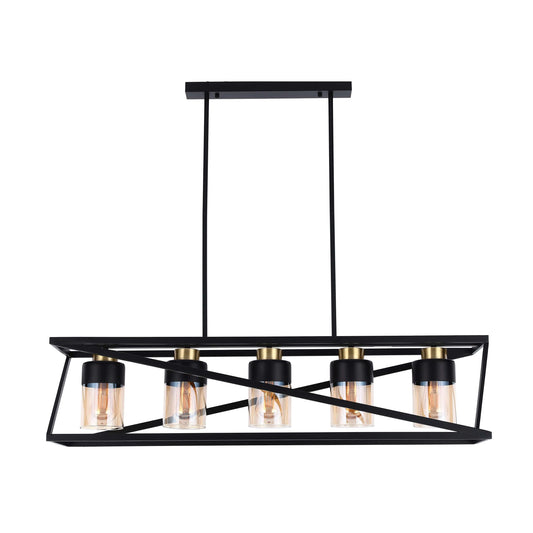A stylish, black five-light pendant with glass shades, perfect for a modern dining room or kitchen island.